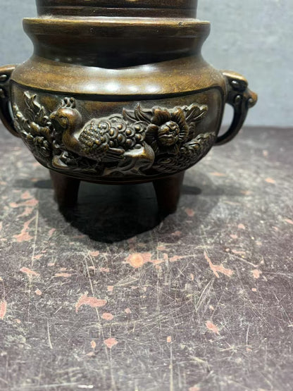 Antique Chinese Bronze Incense Burner, Intricately Carved