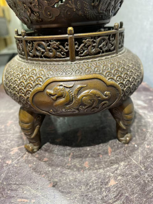 Antique Chinese Bronze Incense Burner, Exquisite Carving