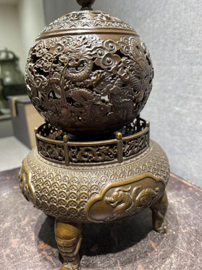 Antique Chinese Bronze Incense Burner, Exquisite Carving