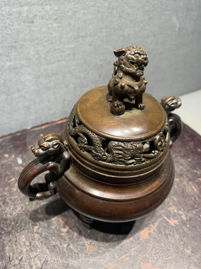 Vintage Chinese Bronze Incense Burner, Exquisitely Carved