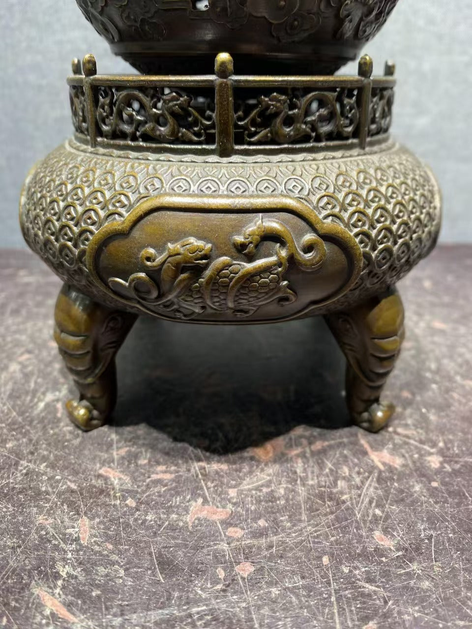 Antique Chinese Bronze Incense Burner, Exquisite Carving