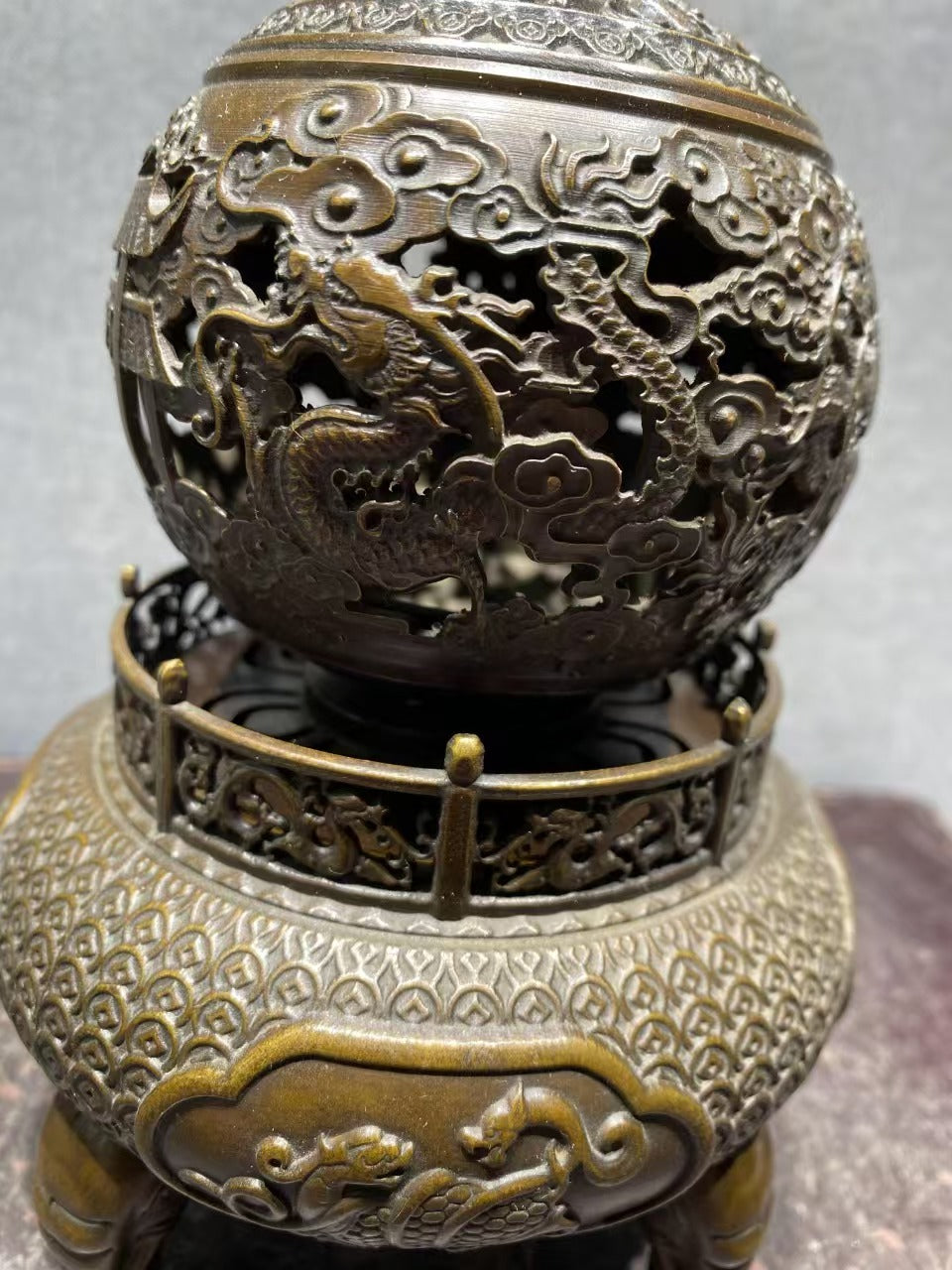 Antique Chinese Bronze Incense Burner, Exquisite Carving