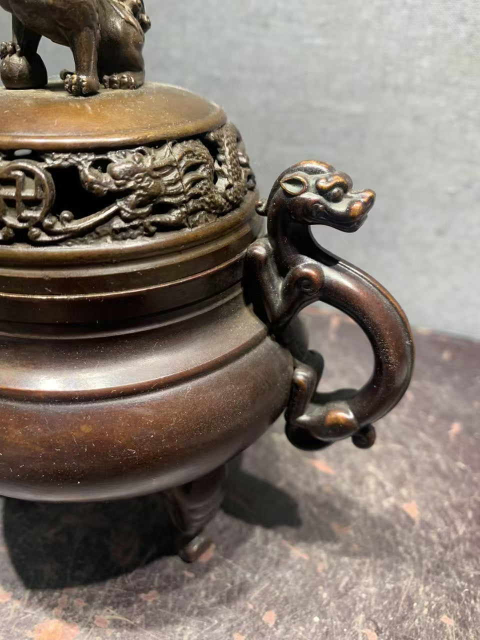 Vintage Chinese Bronze Incense Burner, Exquisitely Carved